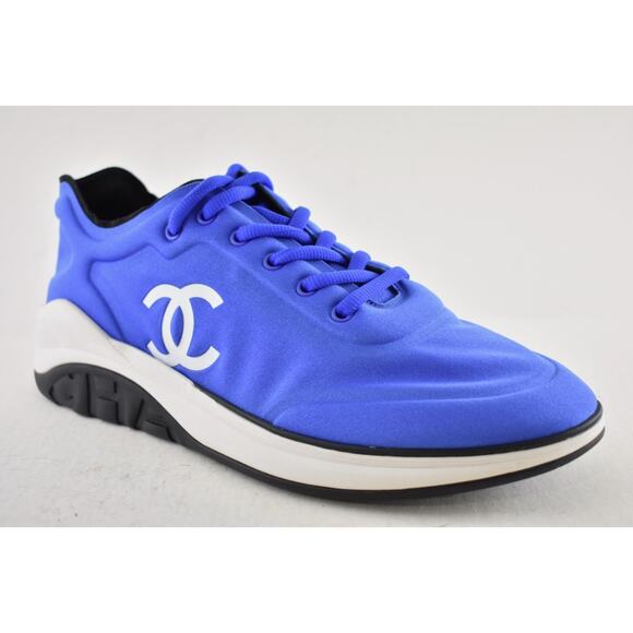 Chanel Men 19P Blue Lycra White Black CC Logo Lace Low Top Trainer Sneaker 44 11 - Picture 5 of 12